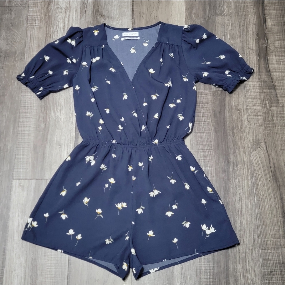 Urban Outfitters Surplice Smocked Sleeve Romper